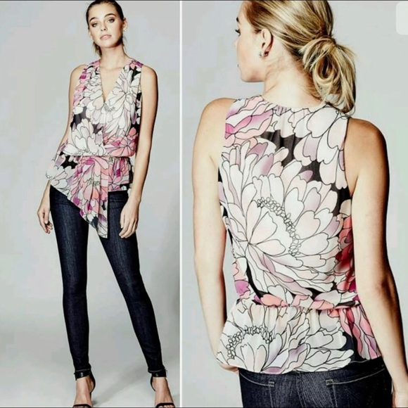 Marciano Floral Asymmetrical Peplum Chiffon Top - Picture 2 of 4